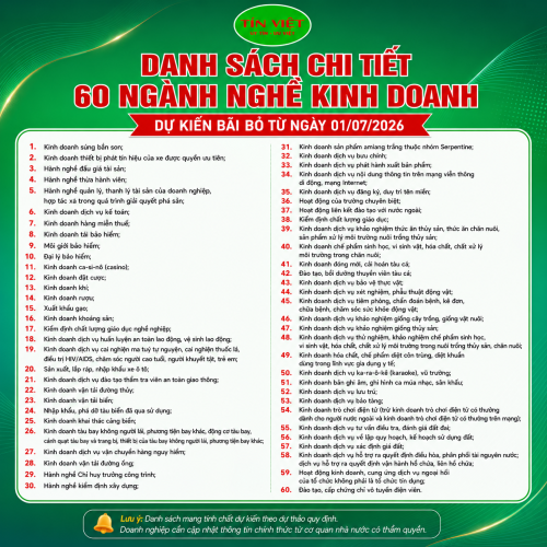 Danh sách chi tiết 60 ngành nghề kinh doanh dự kiến bãi bỏ từ ngày 01/07/2026