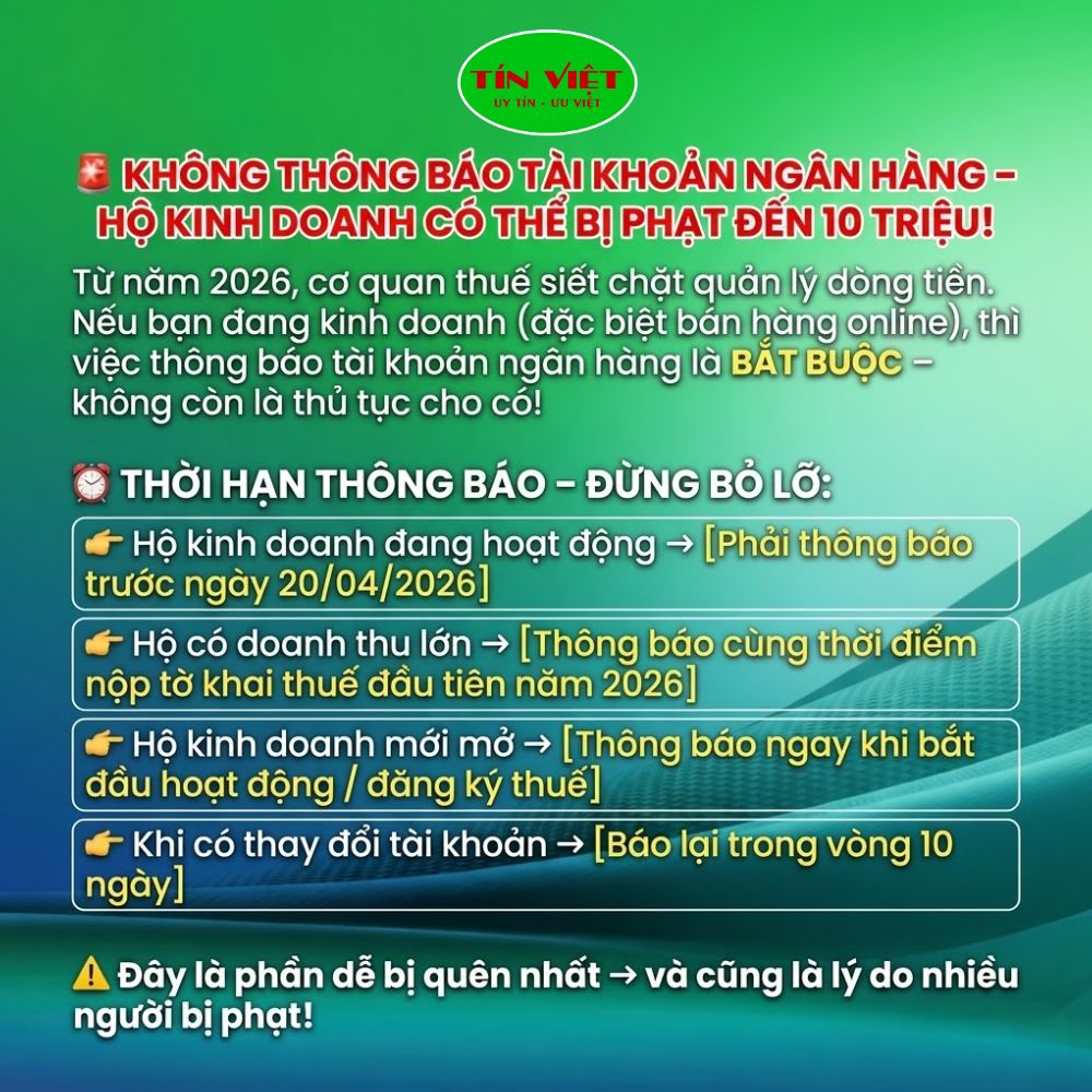 Không thông báo tài khoản ngân hàng, hộ kinh doanh có thể bị phạt