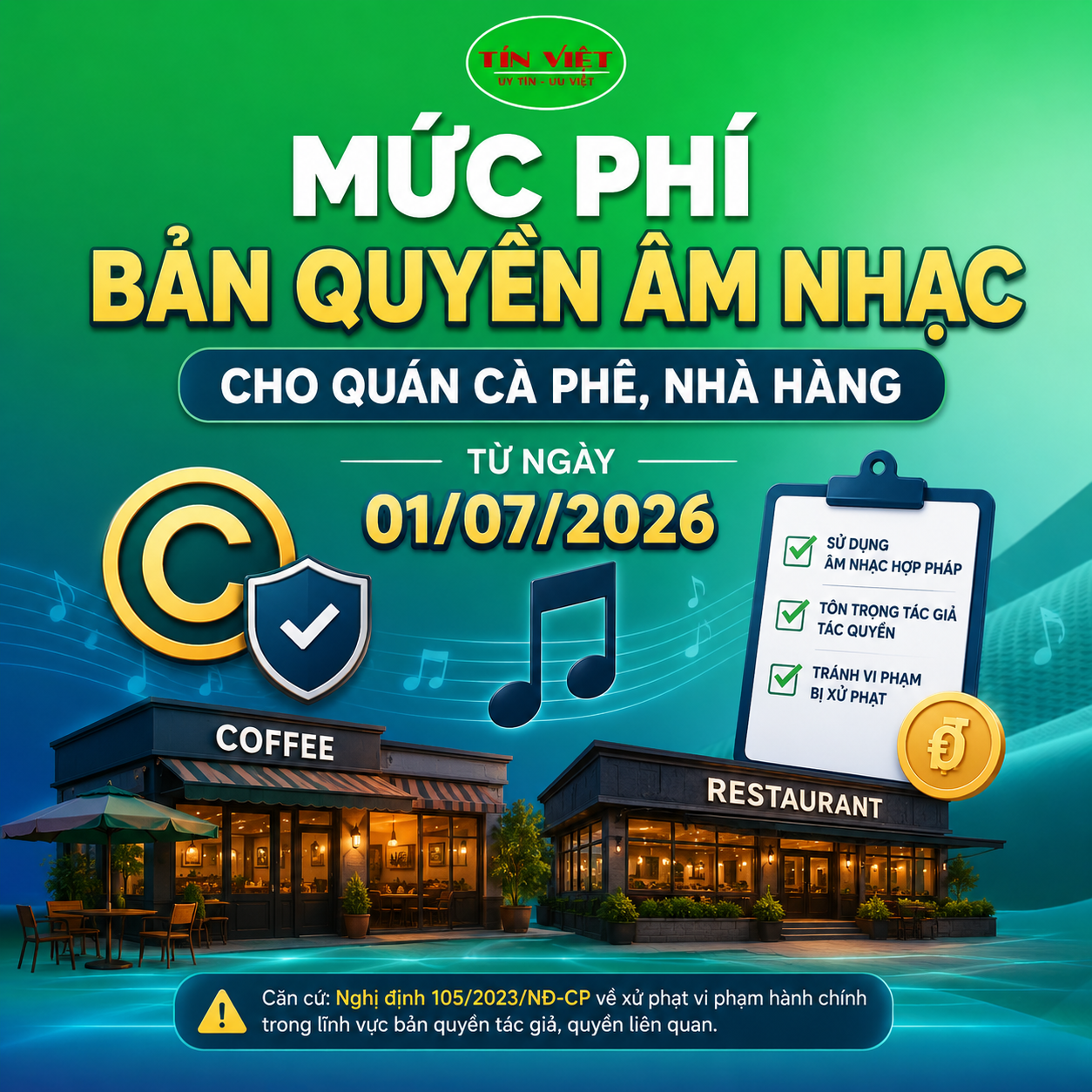 Mức phí bản quyền âm nhạc cho quán cà phê, nhà hàng từ ngày 01/07/2026